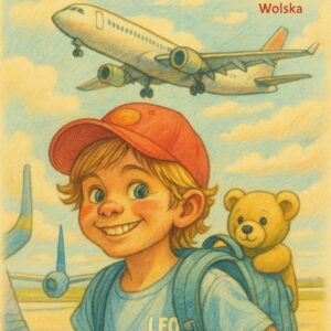 Chłopiec z plecakiem i misiem w plecaku. W tle samolot